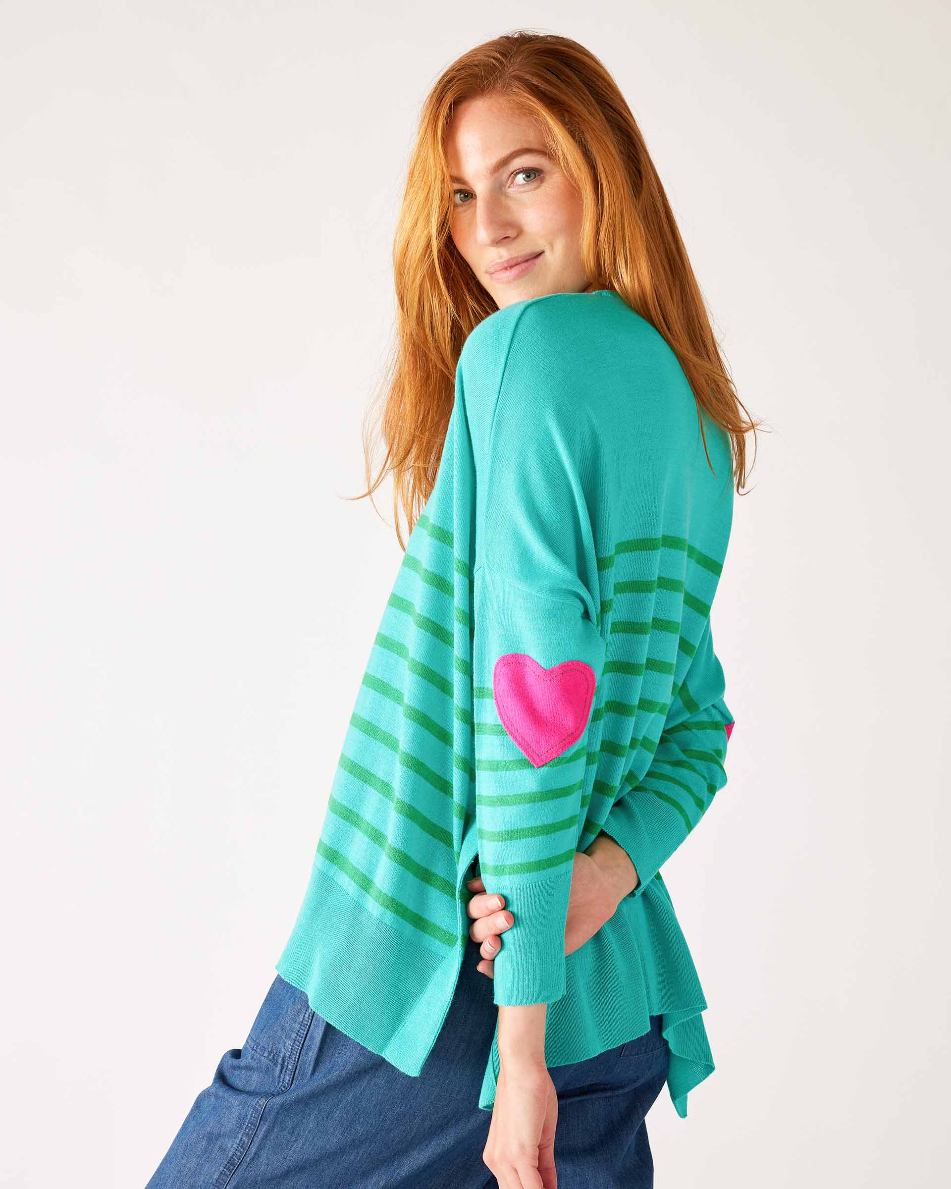 Women's One Size Green Striped Sweater with Pink Hearts on Sleeve Side View