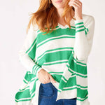 Women's One Size Vneck Knit Sweater in Green Stripes Chest View