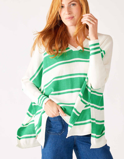Women's One Size Vneck Knit Sweater in Green Stripes Chest View