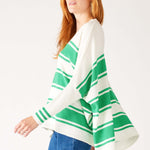 Women's One Size Vneck Knit Sweater in Green Stripes Drape of Fabric