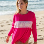 Women's Hot Pink One Sized Sweater With Pink Hearts On Elbow and J'ADORE Motto on Chest