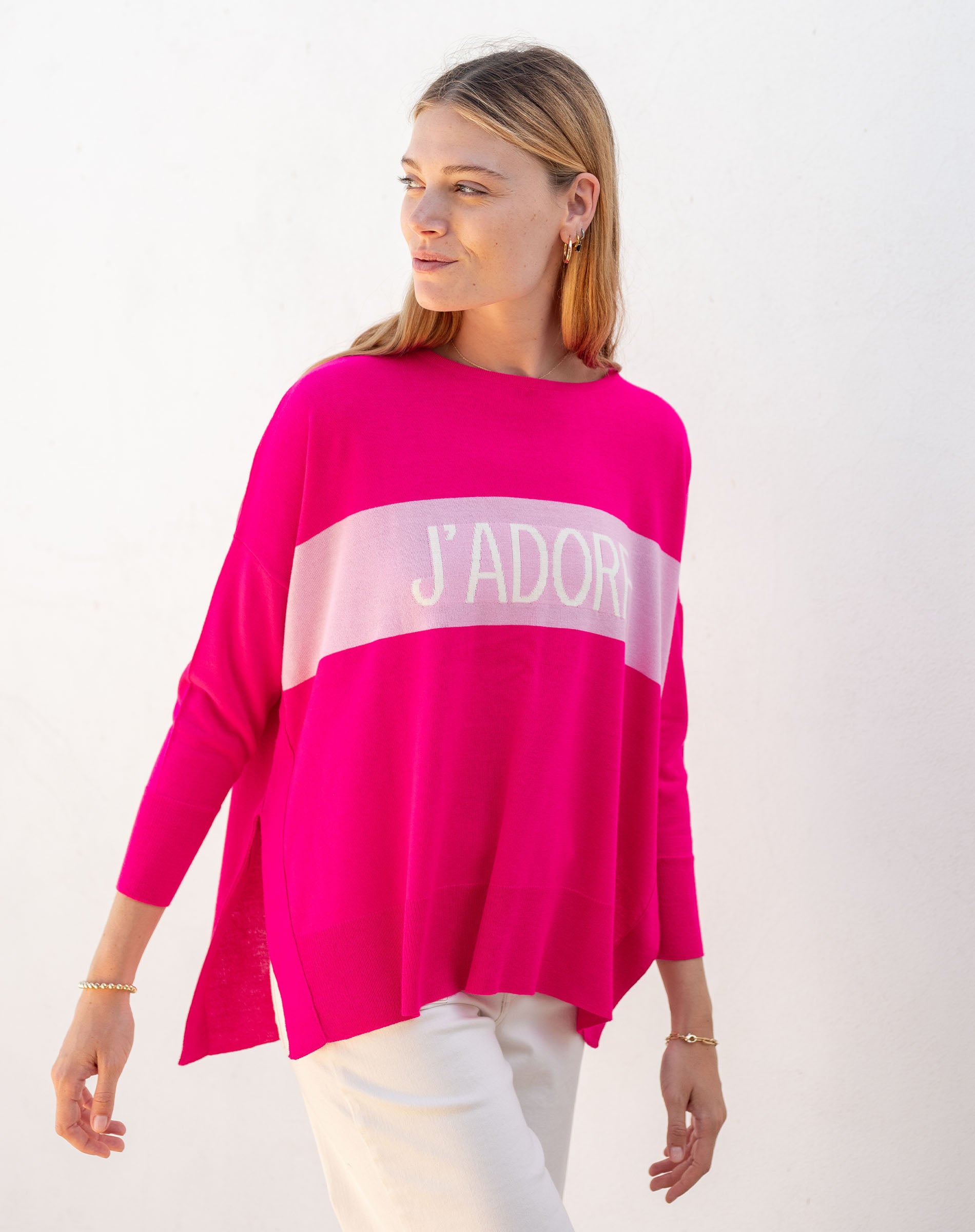 Women's Hot Pink One Sized Sweater With Pink Hearts On Elbow and J'ADORE Motto on Chest