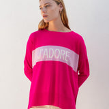 Women's Hot Pink One Sized Sweater With Pink Hearts On Elbow and J'ADORE Motto on Chest