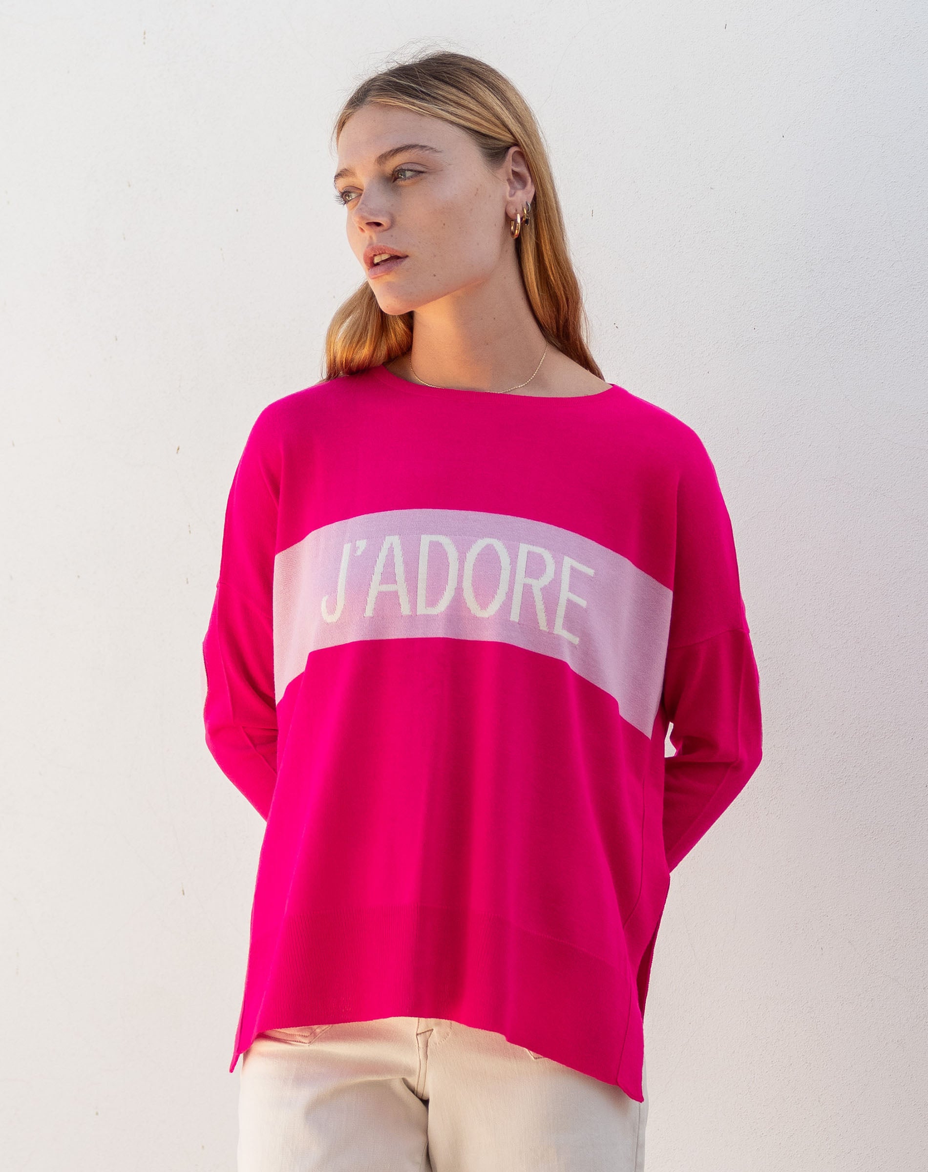 Women's Hot Pink One Sized Sweater With Pink Hearts On Elbow and J'ADORE Motto on Chest