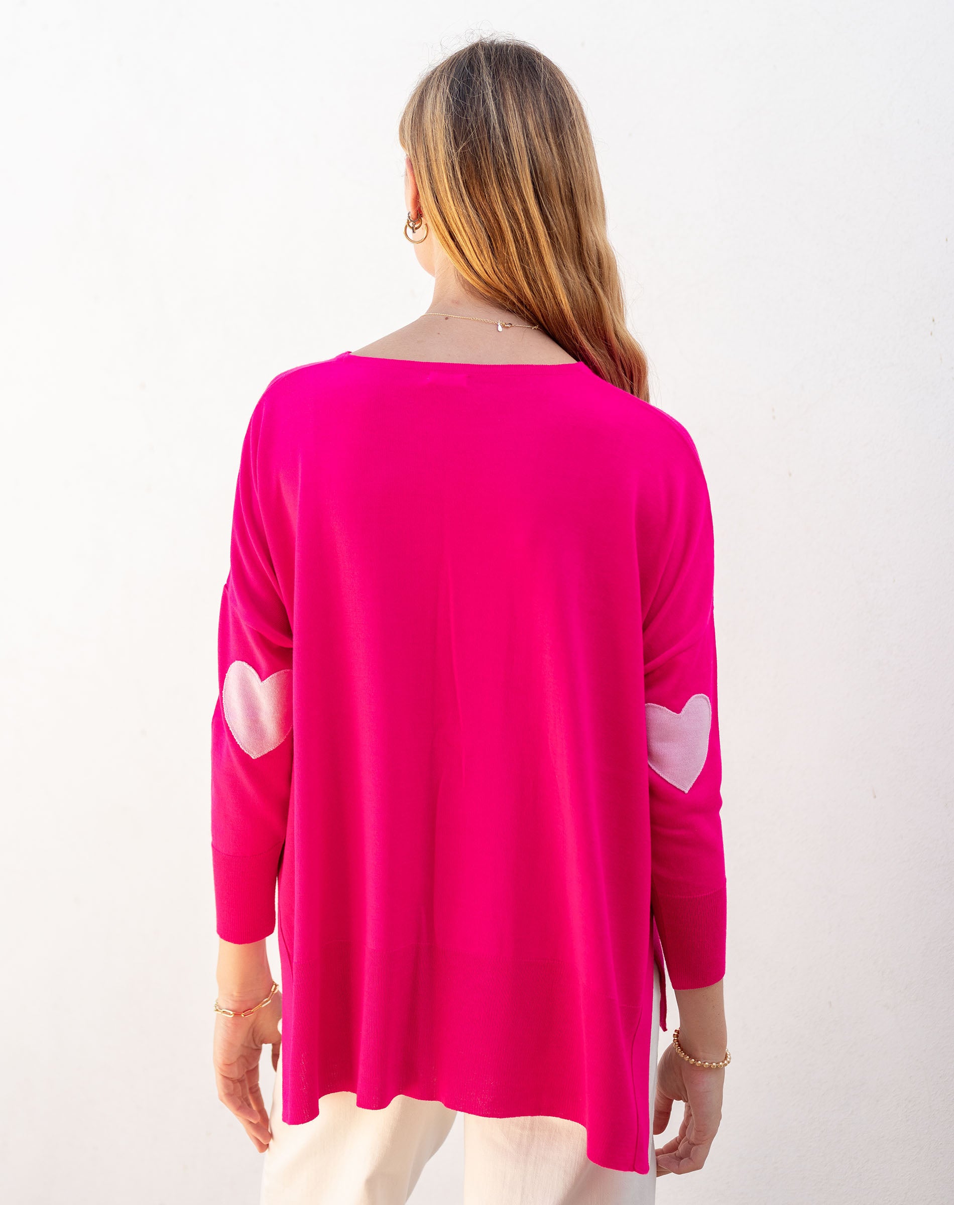 Women's Hot Pink One Sized Sweater With Pink Hearts On Elbow and J'ADORE Motto on Chest