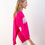 Women's Hot Pink One Sized Sweater With Pink Hearts On Elbow and J'ADORE Motto on Chest