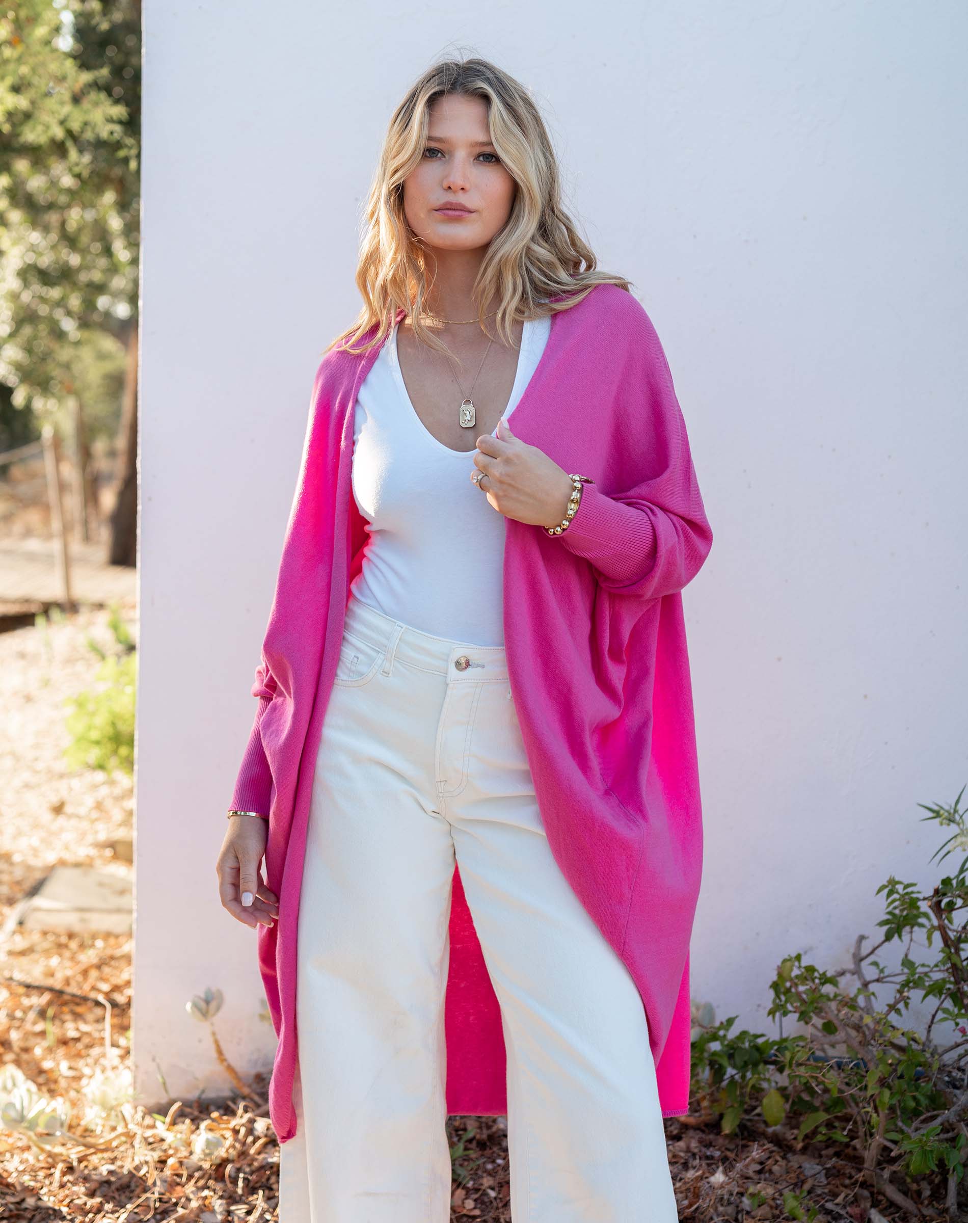 Women's Hot Pink Cashmere Blend Travel Kimono