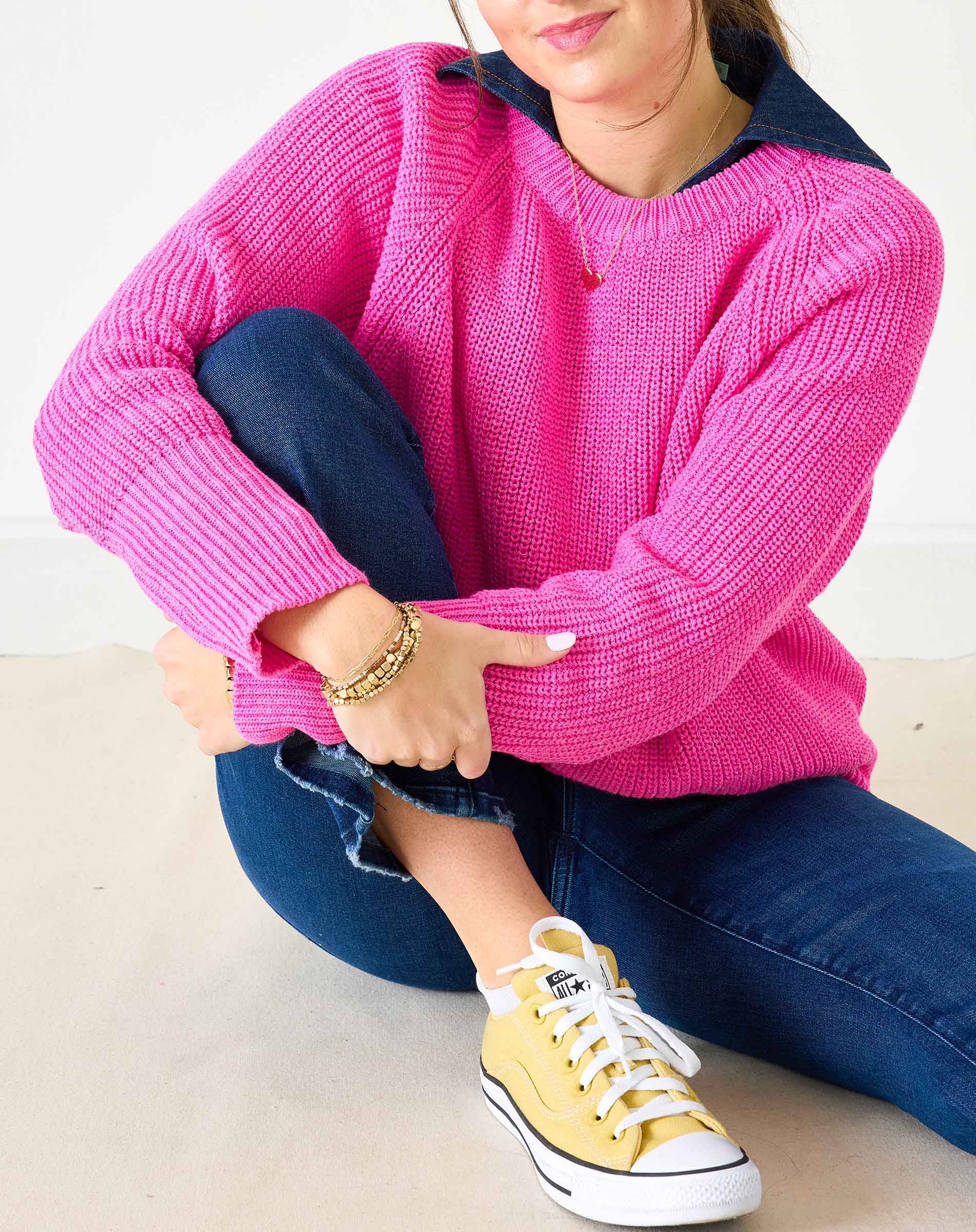 Women's Hot Pink Cotton Crewneck Pullover