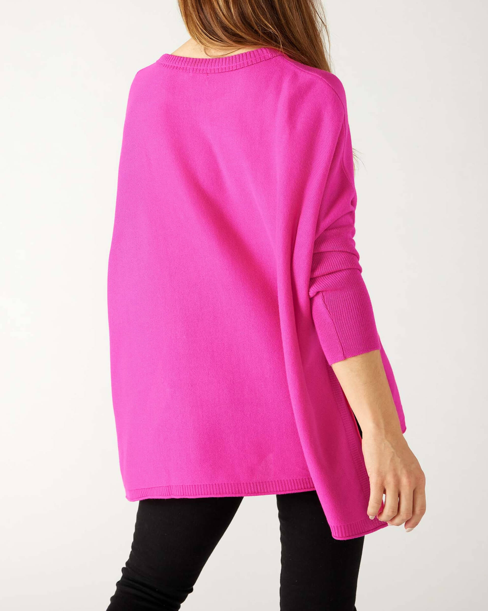 Women's Oversized Crewneck Knit Sweater in Hot Pink Back View