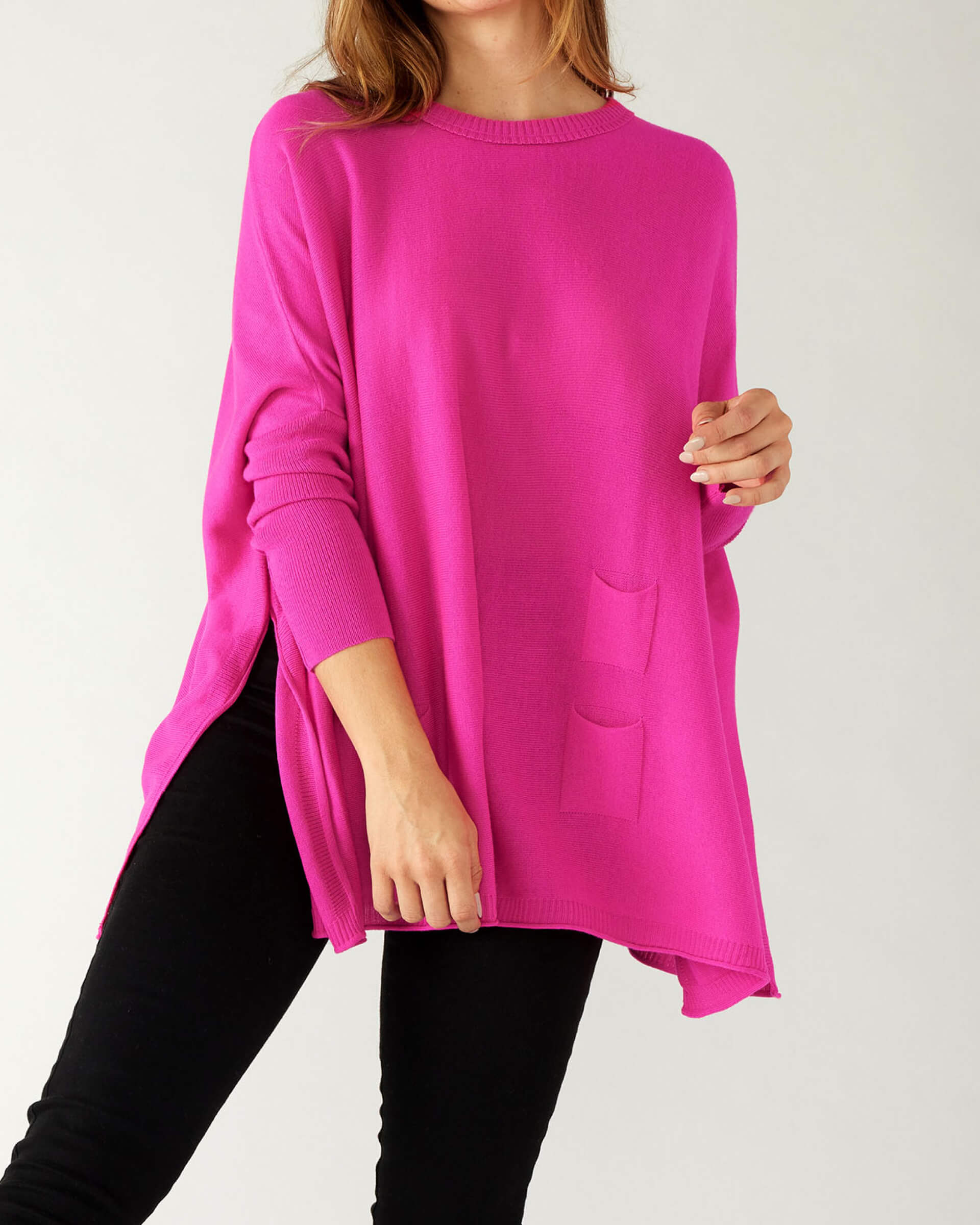 Women's Oversized Crewneck Knit Sweater in Hot Pink Chest View