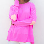 Women's Hot Pink Oversized Tee with Orange Heart Patch on Elbow