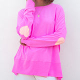 Women's Hot Pink Oversized Tee with Orange Heart Patch on Elbow