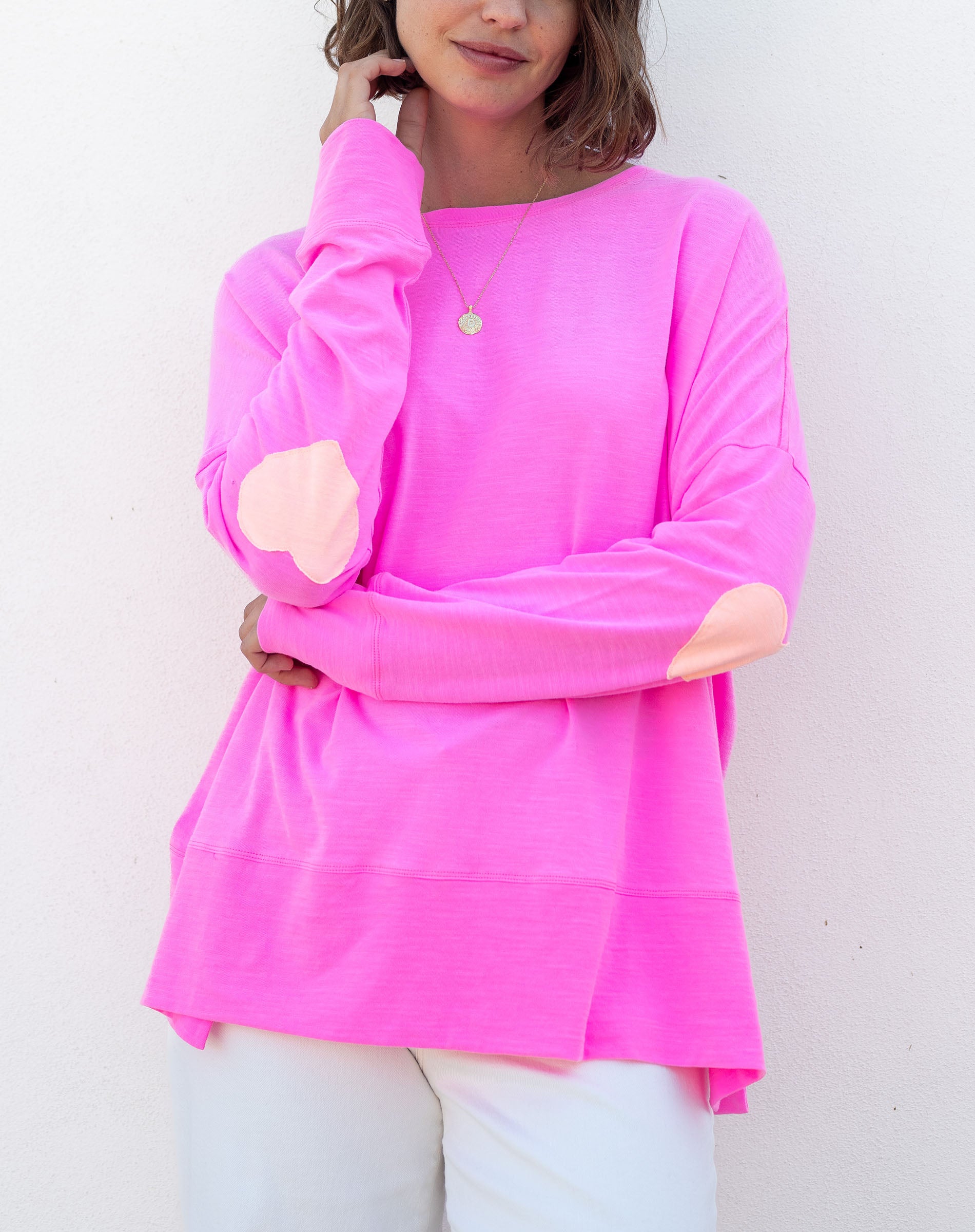 Women's Hot Pink Oversized Tee with Orange Heart Patch on Elbow