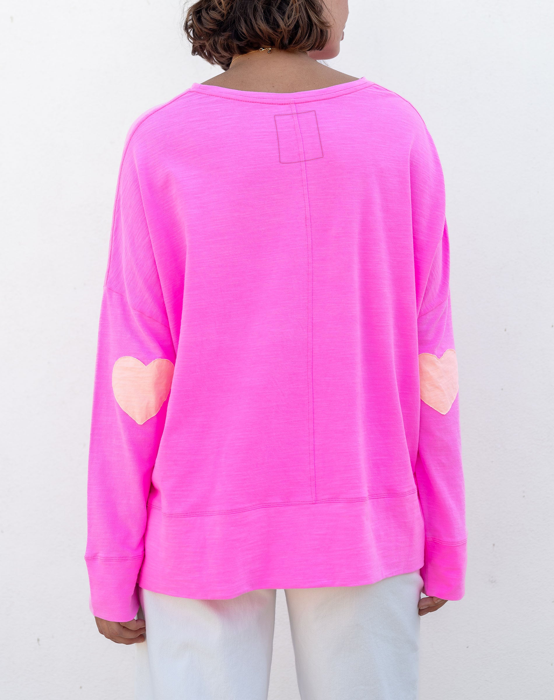 Women's Hot Pink Oversized Tee with Orange Heart Patch on Elbow