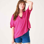 Women's Hot Pink Short Sleeve Ruffle Tee