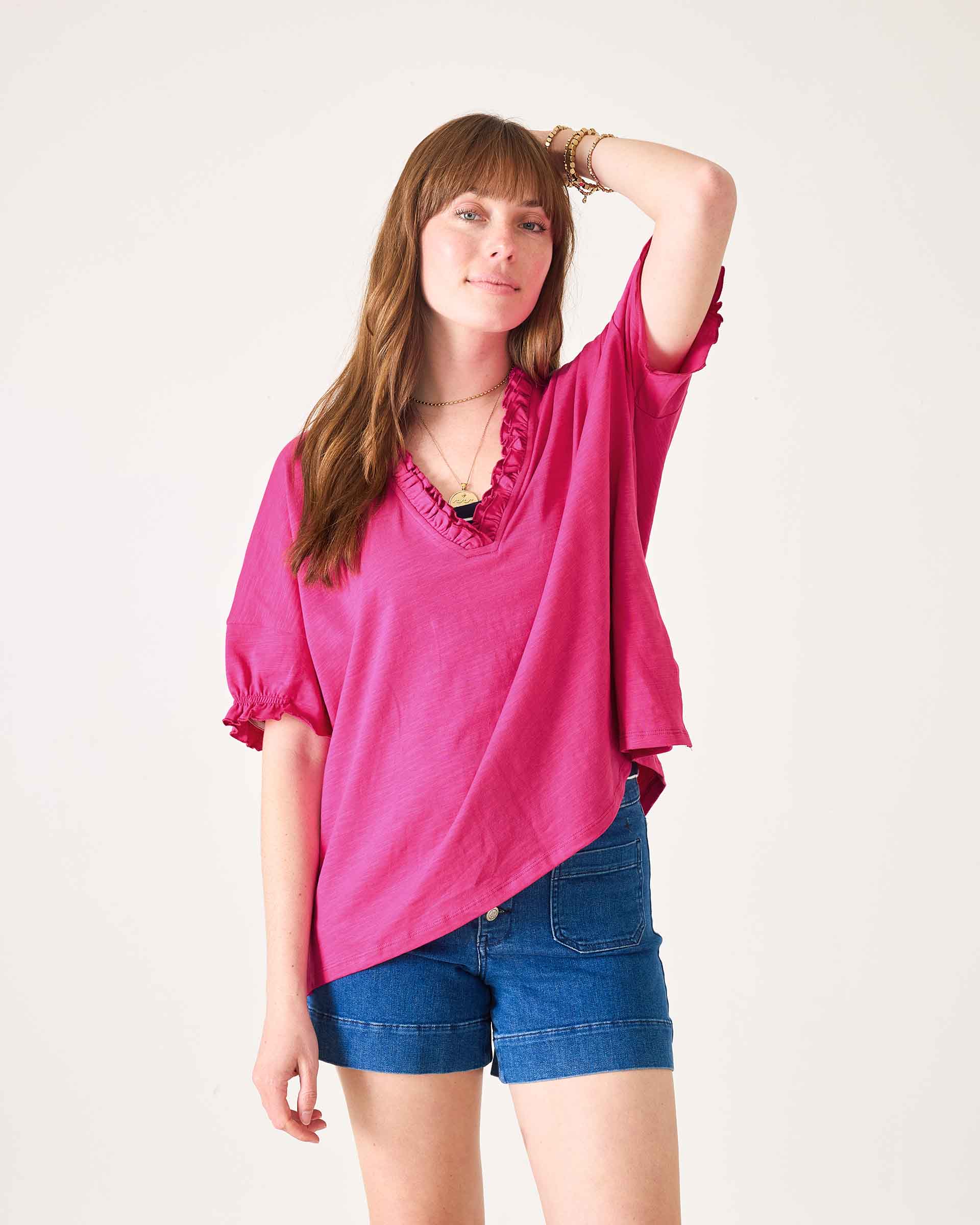 Women's Hot Pink Short Sleeve Ruffle Tee