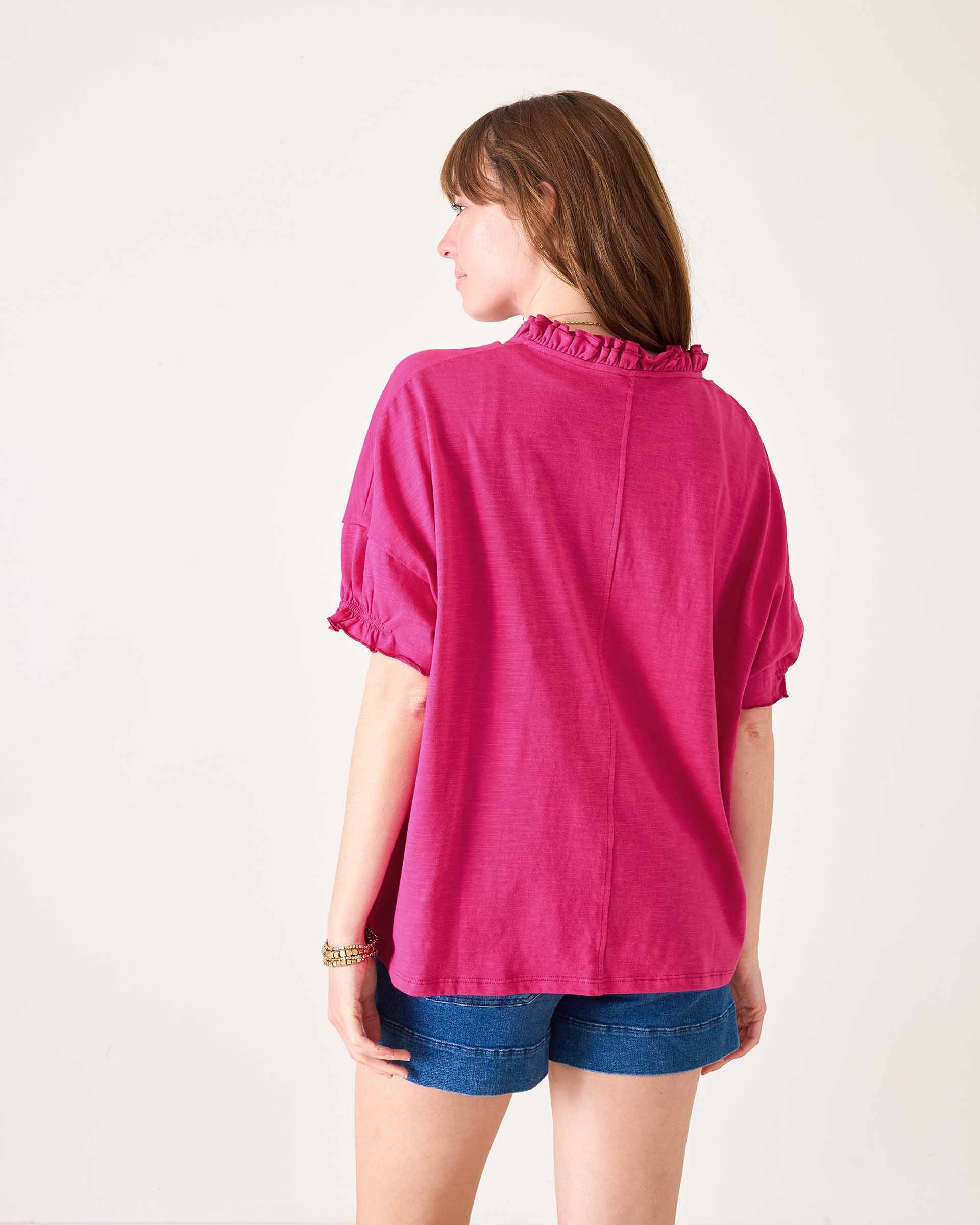 Women's Hot Pink Short Sleeve Ruffle Tee