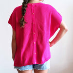 Women's One Size Hot Pink Short Sleeve Sweater With Buttons Down Back Casual Day Outfit