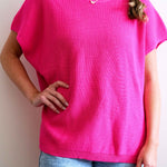 Women's One Size Hot Pink Short Sleeve Sweater With Buttons Down Back Casual Day Outfit