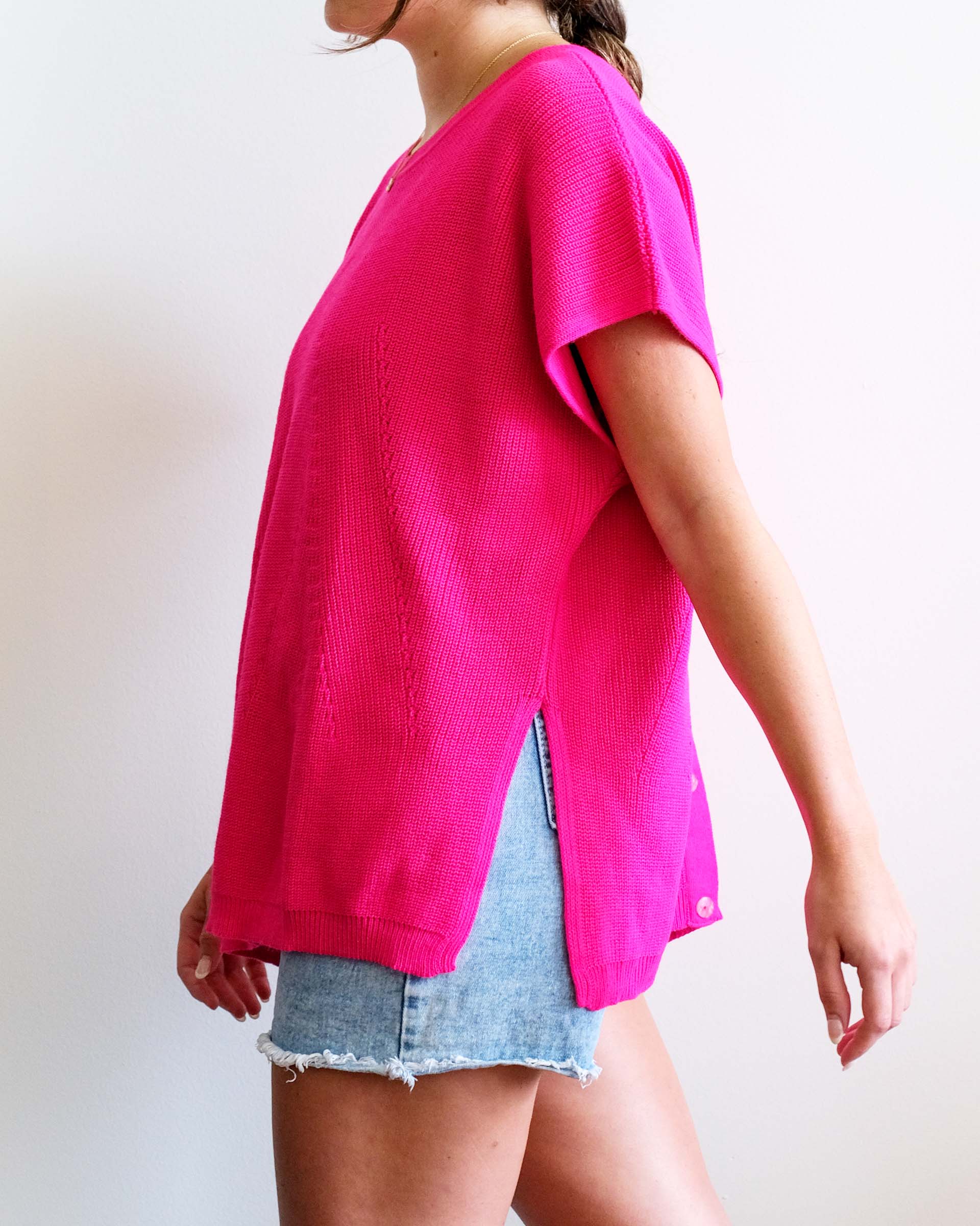 Women's One Size Hot Pink Short Sleeve Sweater With Buttons Down Back Casual Day Outfit