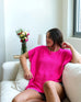 Women's One Size Hot Pink Short Sleeve Sweater With Buttons Down Back Casual Lounge Outfit