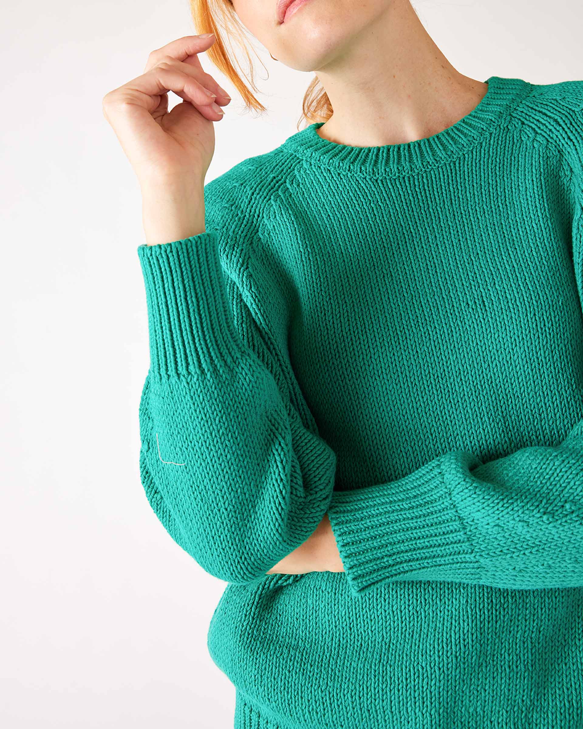 Women's Kelly Green Soft Crewneck Stitched Sweater Front View Close Up Cuff Detail