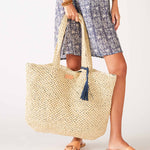 Women's Large Beach Day Natural Leather Strap Paper Straw Sun Chaser Tote Bag with Chambray Lining and Interior Pockets Front View