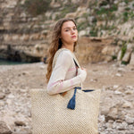 Women's Large Beach Day Natural Leather Strap Paper Straw Sun Chaser Tote Bag with Chambray Lining and Interior Pockets Front View