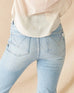 Women's Light Blue-5 Pocket Universal Midrise Wide Leg Stretchy Cropped Mini Boot Jeans Rear View Close-up Back Pocket Detail