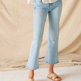 Women's Light Blue-5 Pocket Universal Midrise Wide Leg Stretchy Cropped Mini Boot Jeans Front View