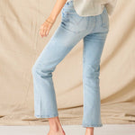 Women's Light Blue-5 Pocket Universal Midrise Wide Leg Stretchy Cropped Mini Boot Jeans Rear View