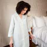 Women's Light Blue and White Striped Green Trim Full Button Front Curved Bottom Hem Patch Pocket Night Shirt Home View