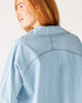 Women's Light Blue Chambray Relaxed Fit Cuffed Sleeves Faux Pearl Snap Detail Popover Top Rear View