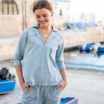 Women's Light Blue Chambray Relaxed Fit Cuffed Sleeves Faux Pearl Snap Detail Popover Top Travel Destination Look