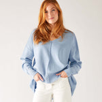 Women's Light Blue Everyday High Low Waist Jersey Knit Pullover V-neck Toujour Sweater Front View Hands in Pockets