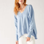 Women's Light Blue Everyday High Low Waist Jersey Knit Pullover V-neck Toujour Sweater Front View