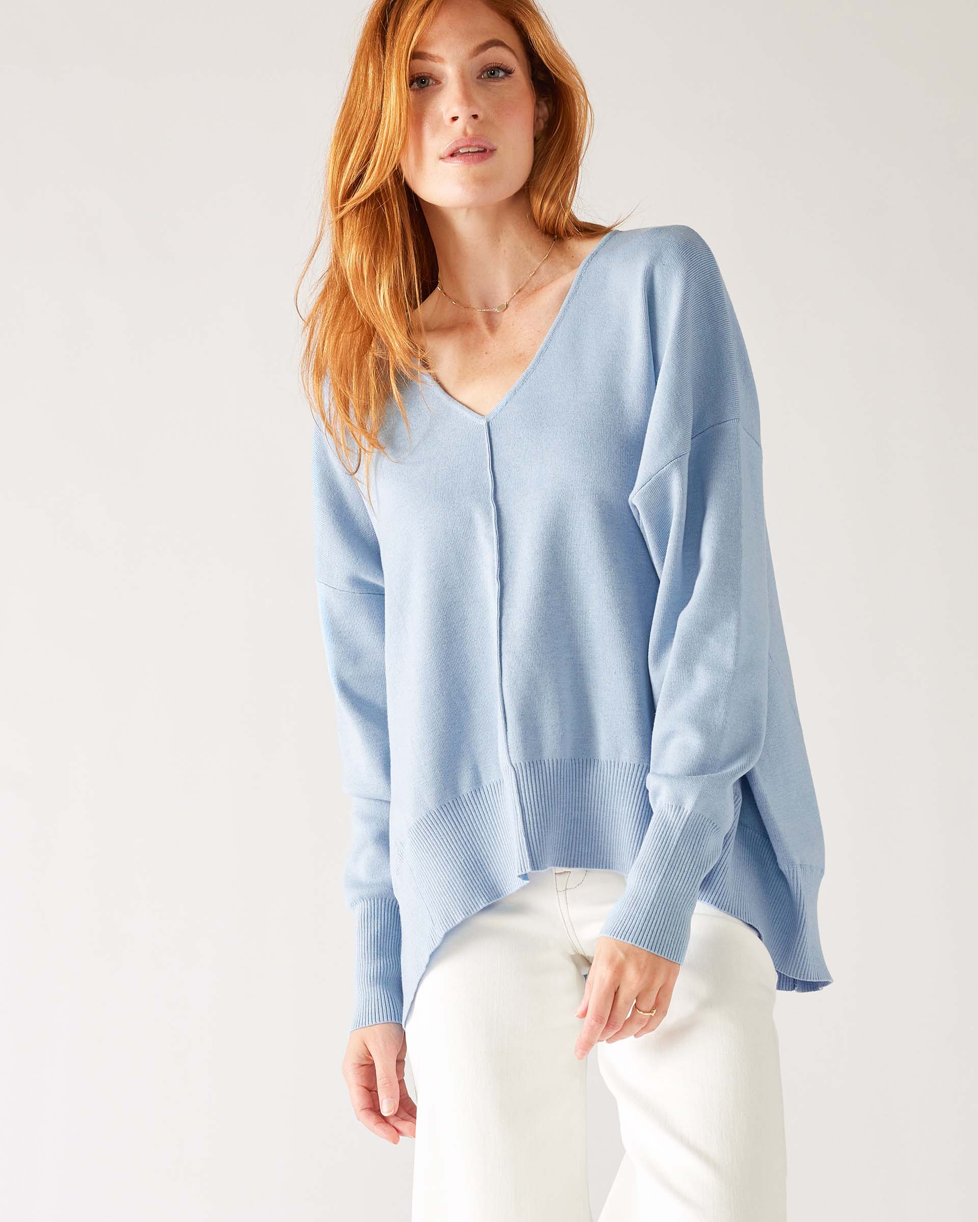 Women's Light Blue Everyday High Low Waist Jersey Knit Pullover V-neck Toujour Sweater Front View
