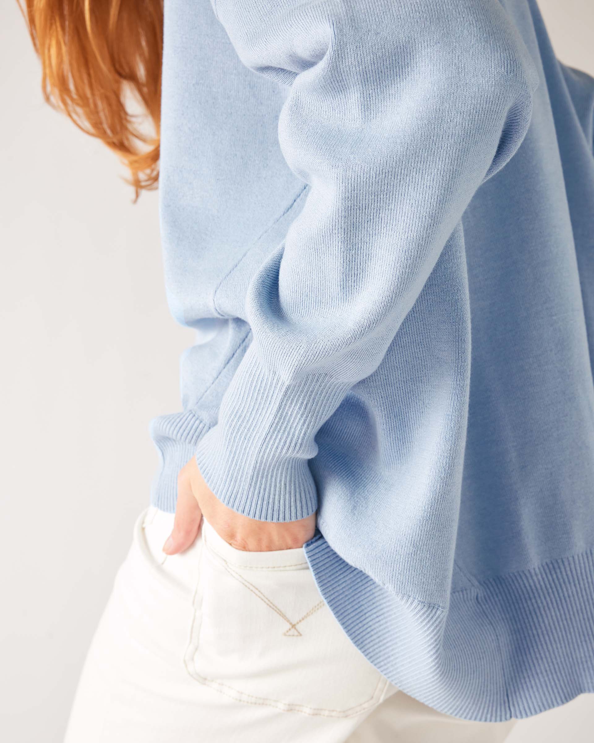 Women's Light Blue Everyday High Low Waist Jersey Knit Pullover V-neck Toujour Sweater Side View Waist Detail
