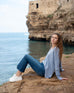 Women's Light Blue Everyday High Low Waist Jersey Knit Pullover V-neck Toujour Sweater Travel Destination Look Sitting