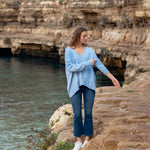 Women's Light Blue Everyday High Low Waist Jersey Knit Pullover V-neck Toujour Sweater Travel Destination Look Standing