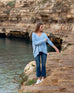 Women's Light Blue Everyday High Low Waist Jersey Knit Pullover V-neck Toujour Sweater Travel Destination Look Standing