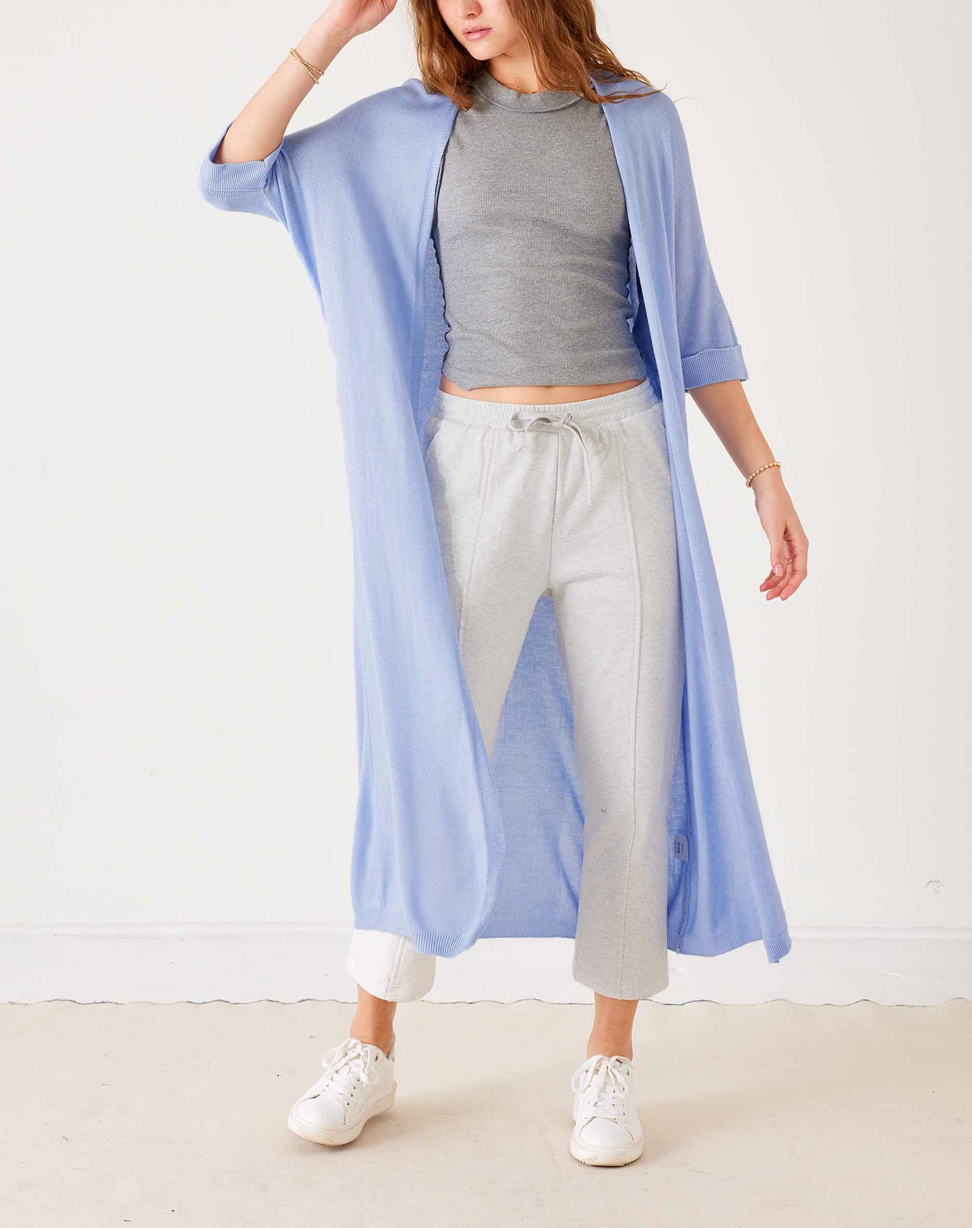 Women's Lightweight Baby Blue Short Sleeve Duster and Everyday Basic