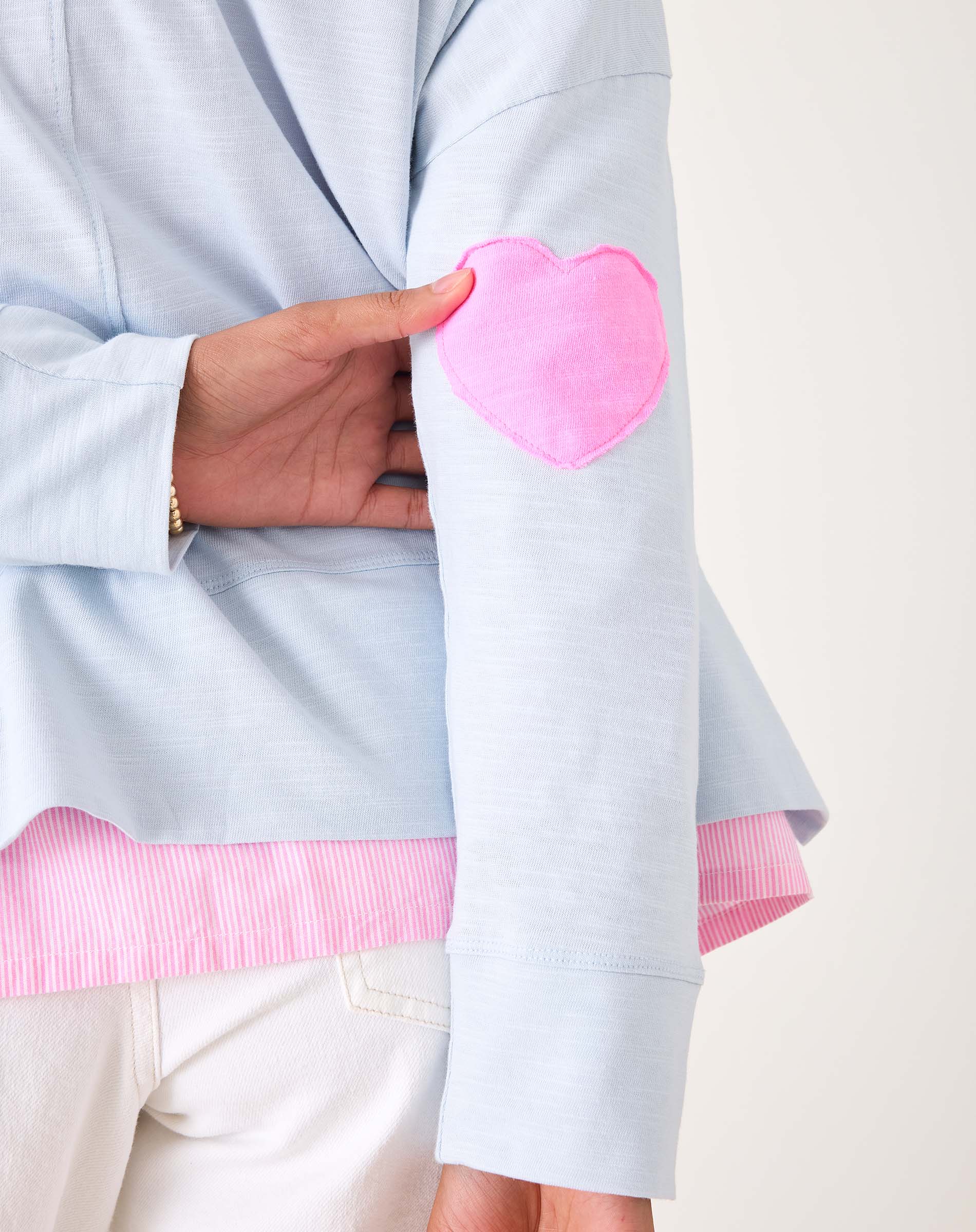 Women's Light Blue Oversized Tee with Pink Heart Patch on Elbow