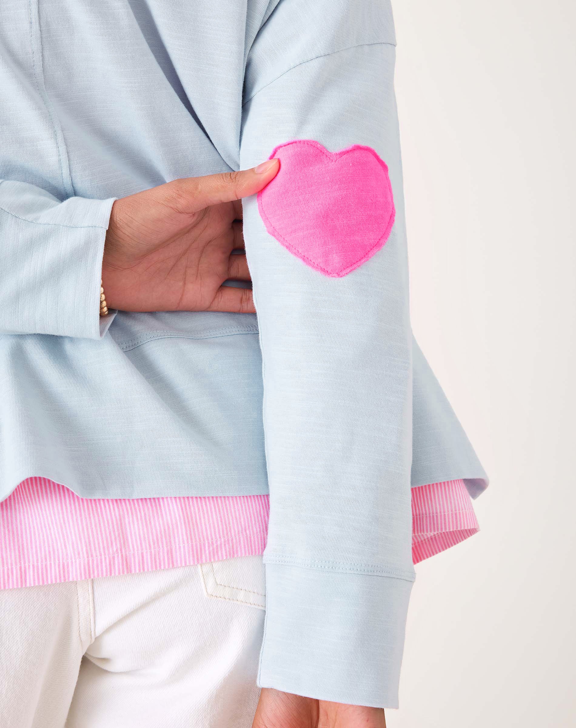 Women's Light Blue Oversized Tee with Pink Heart Patch on Elbow