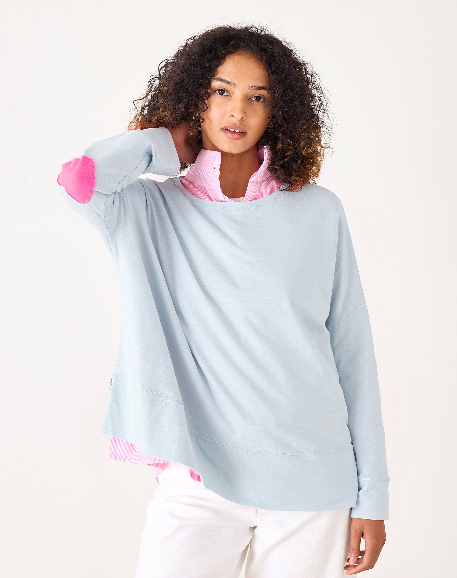 Women's Light Blue Oversized Tee with Pink Heart Patch on Elbow