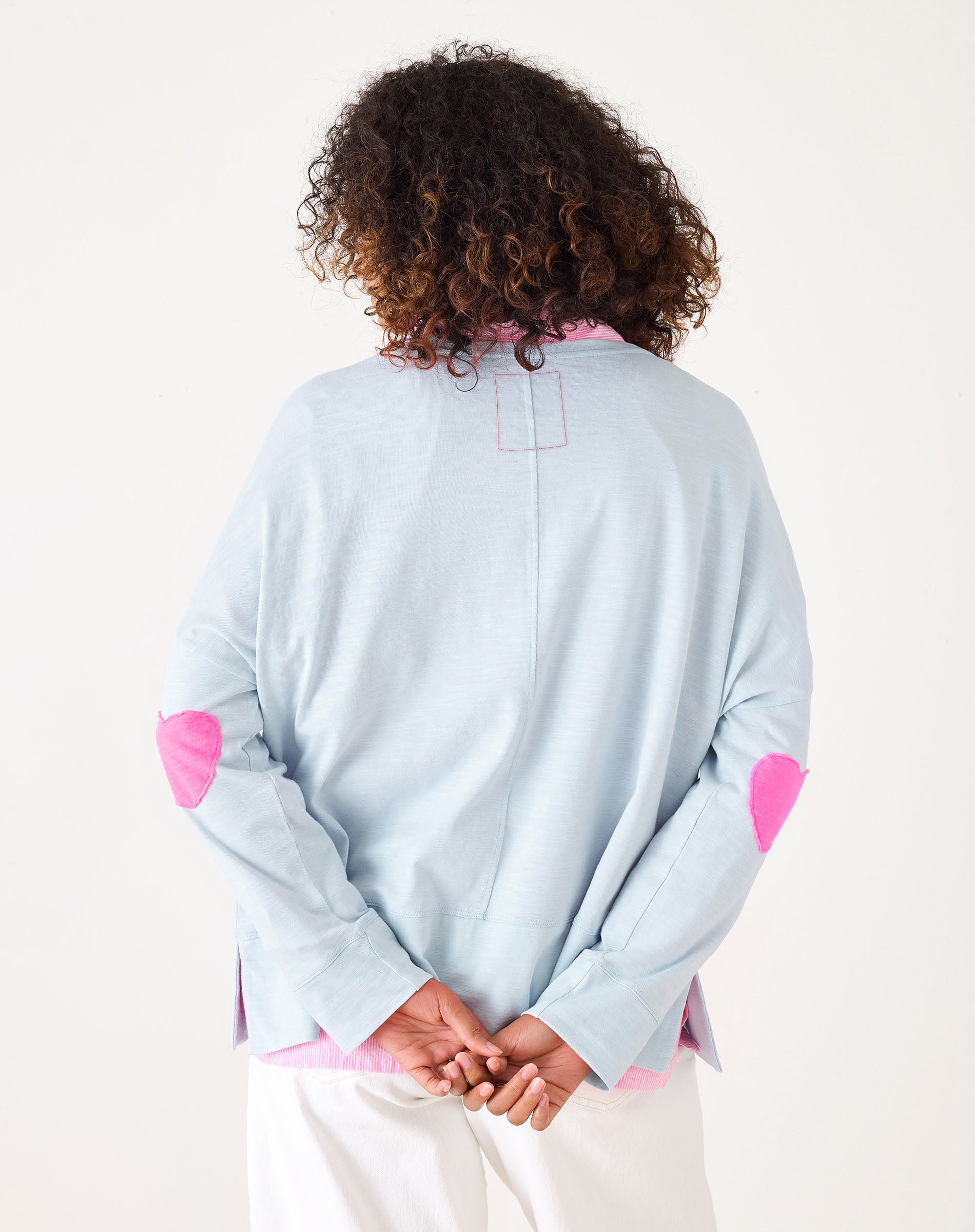 Women's Light Blue Oversized Tee with Pink Heart Patch on Elbow
