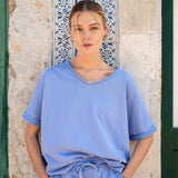 Women's Baby Blue Raw Edge French Terry Vneck Top