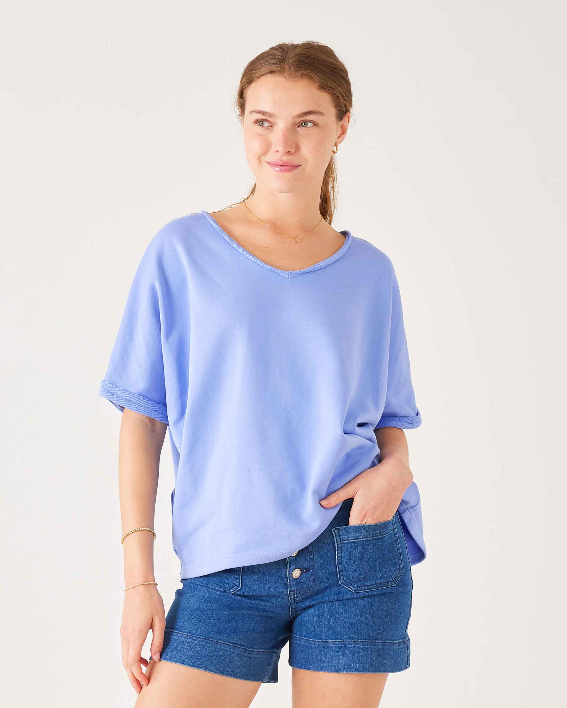 Women's Baby Blue Raw Edge French Terry Vneck Top