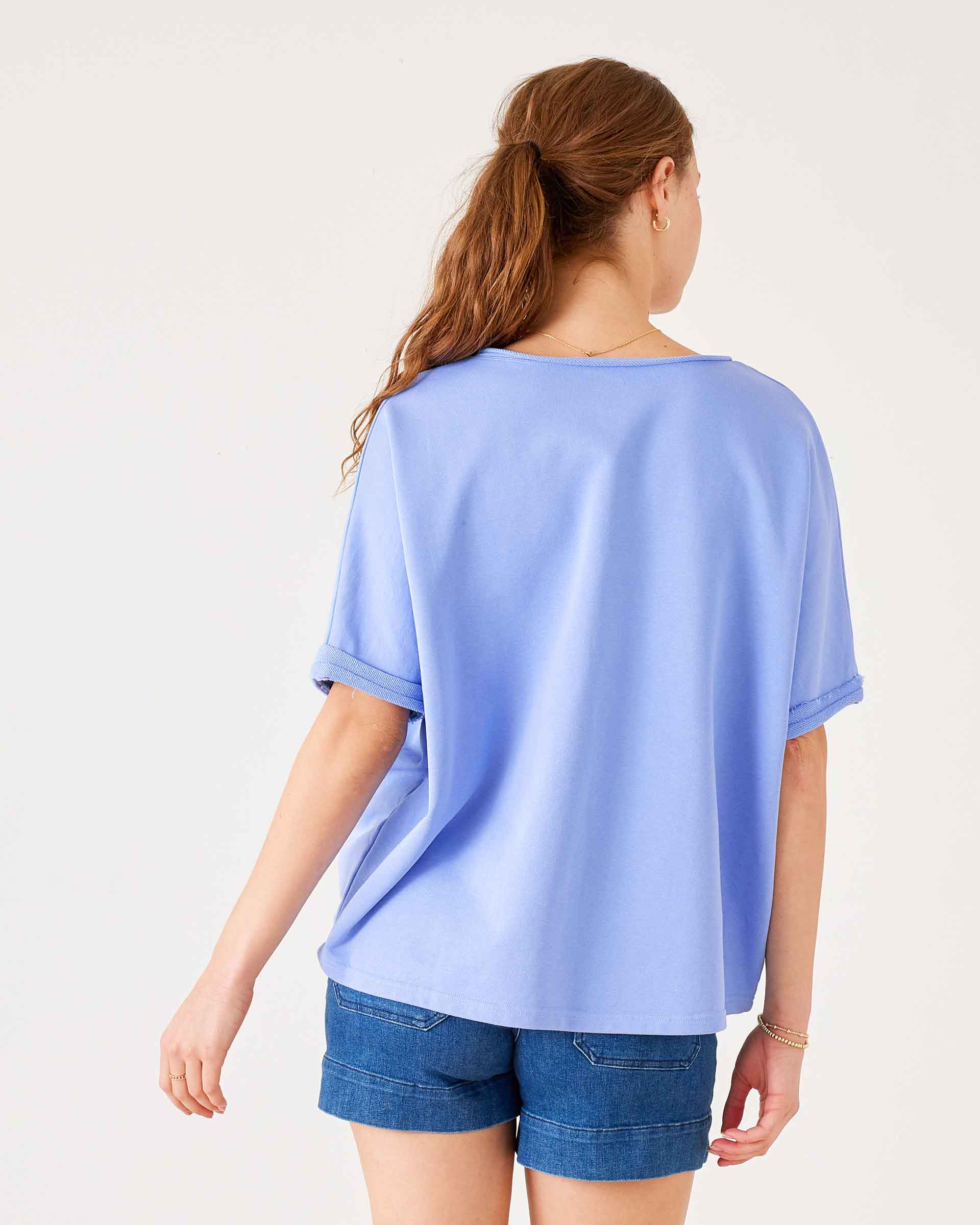 Women's Baby Blue Raw Edge French Terry Vneck Top