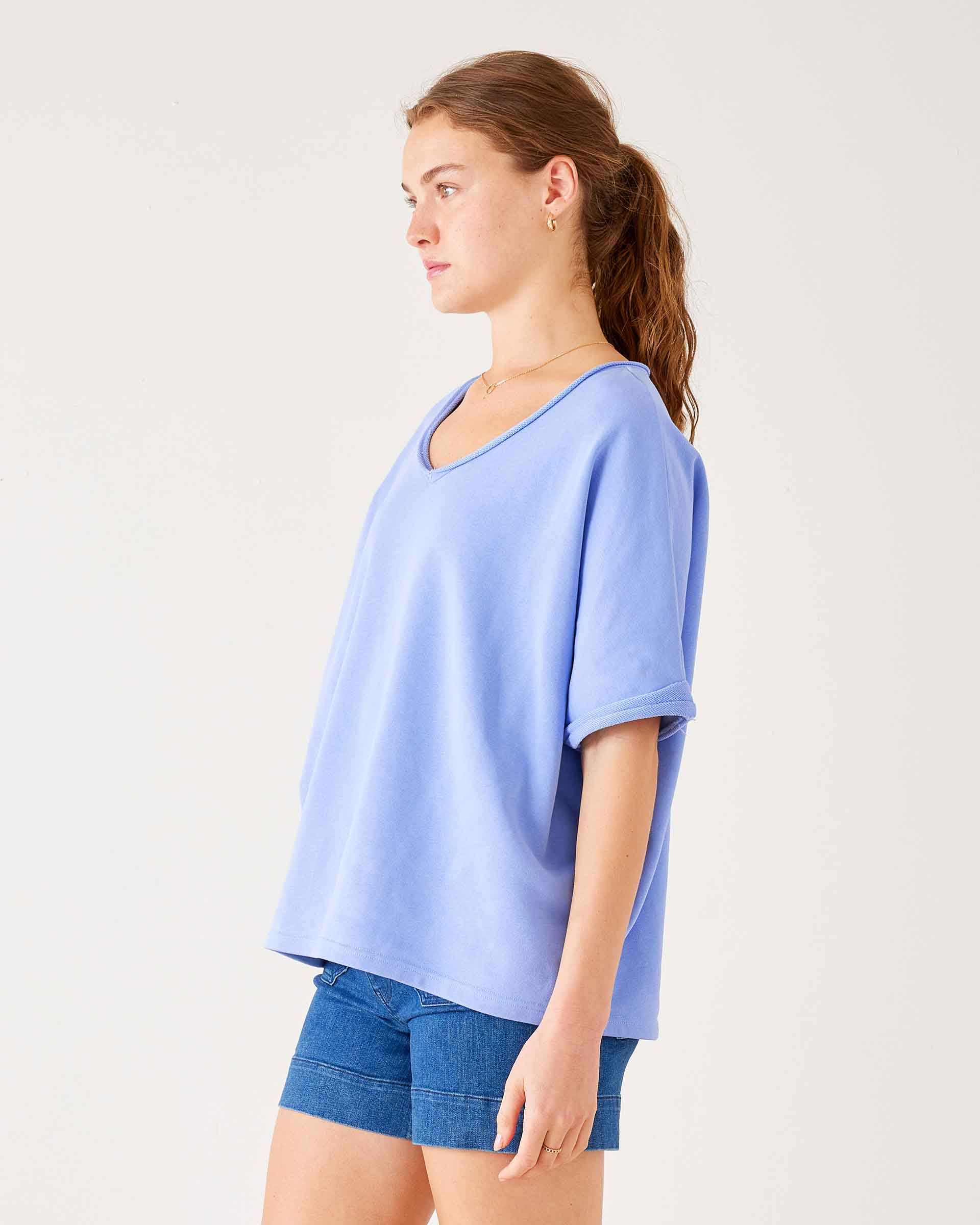 Women's Baby Blue Raw Edge French Terry Vneck Top